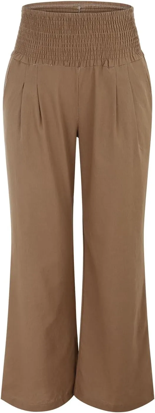 Womens Linen Solid Palazzo Pants Elastic high Waisted Wide Leg Pant Summer Comfy Trousers Vacation Outfits