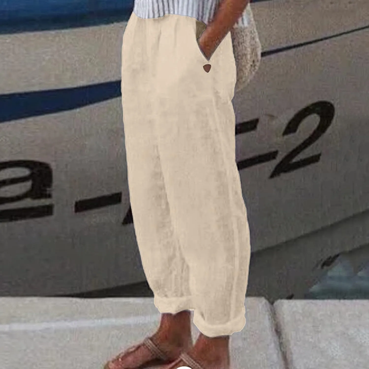 Womens Linen Summer Trendy Palazzo Pants High Waist Wide Leg Slim Fit Palazzo Pants Business Work