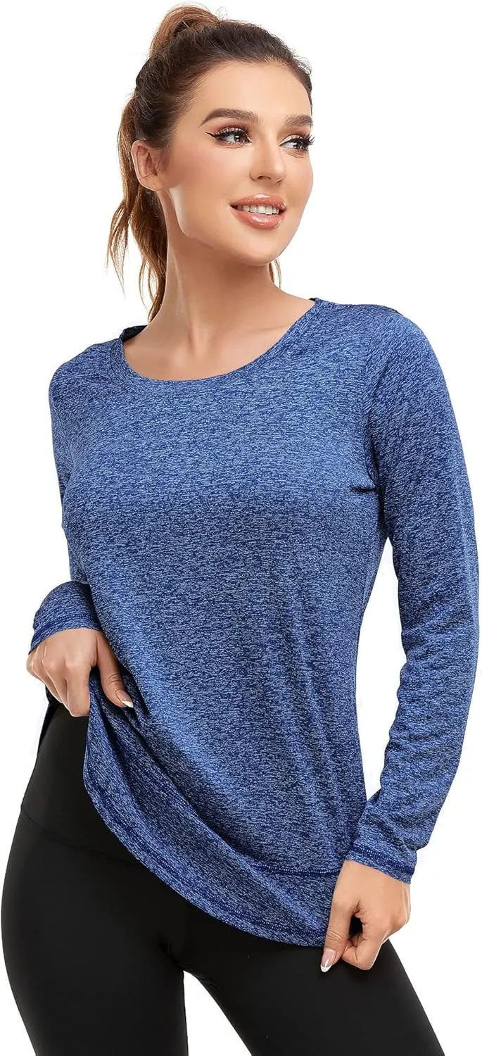Women's Long Sleeve Workout Shirts Crewneck Sports Yoga Running Dry Fit Tops Side Split Tee