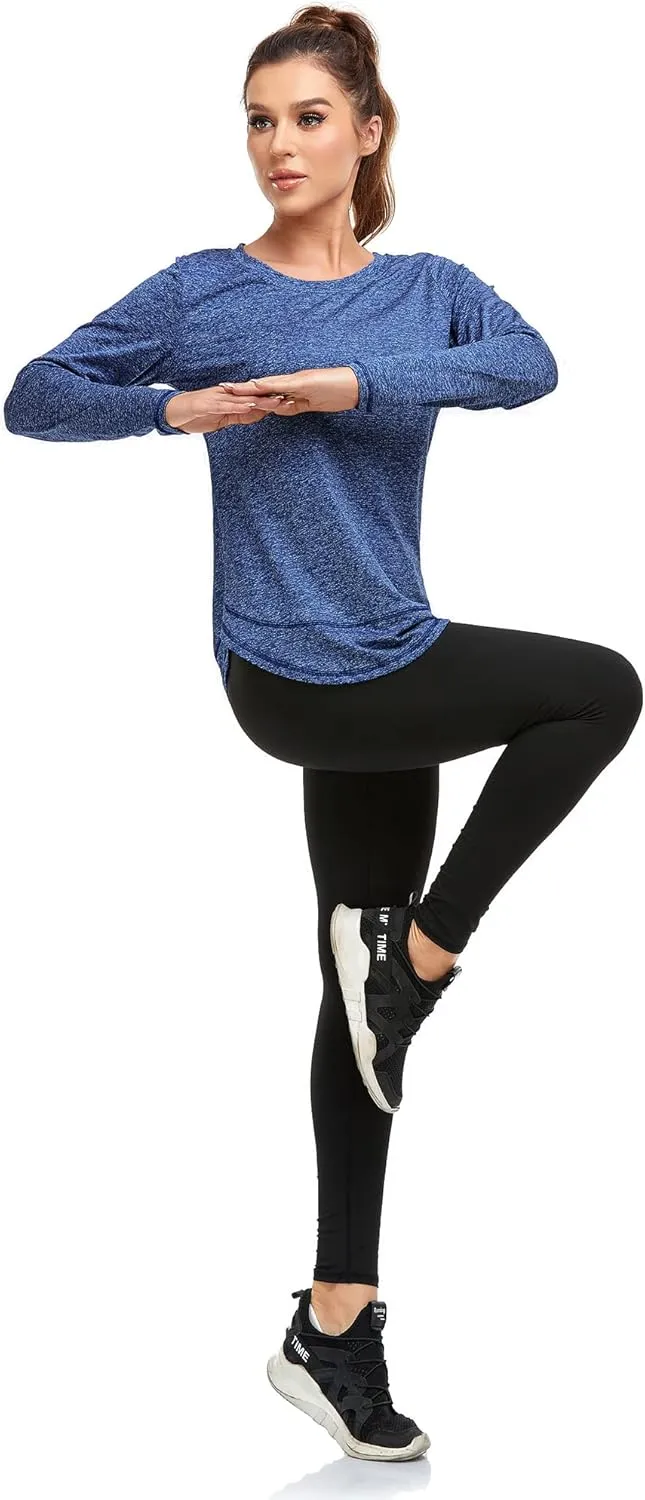 Women's Long Sleeve Workout Shirts Crewneck Sports Yoga Running Dry Fit Tops Side Split Tee