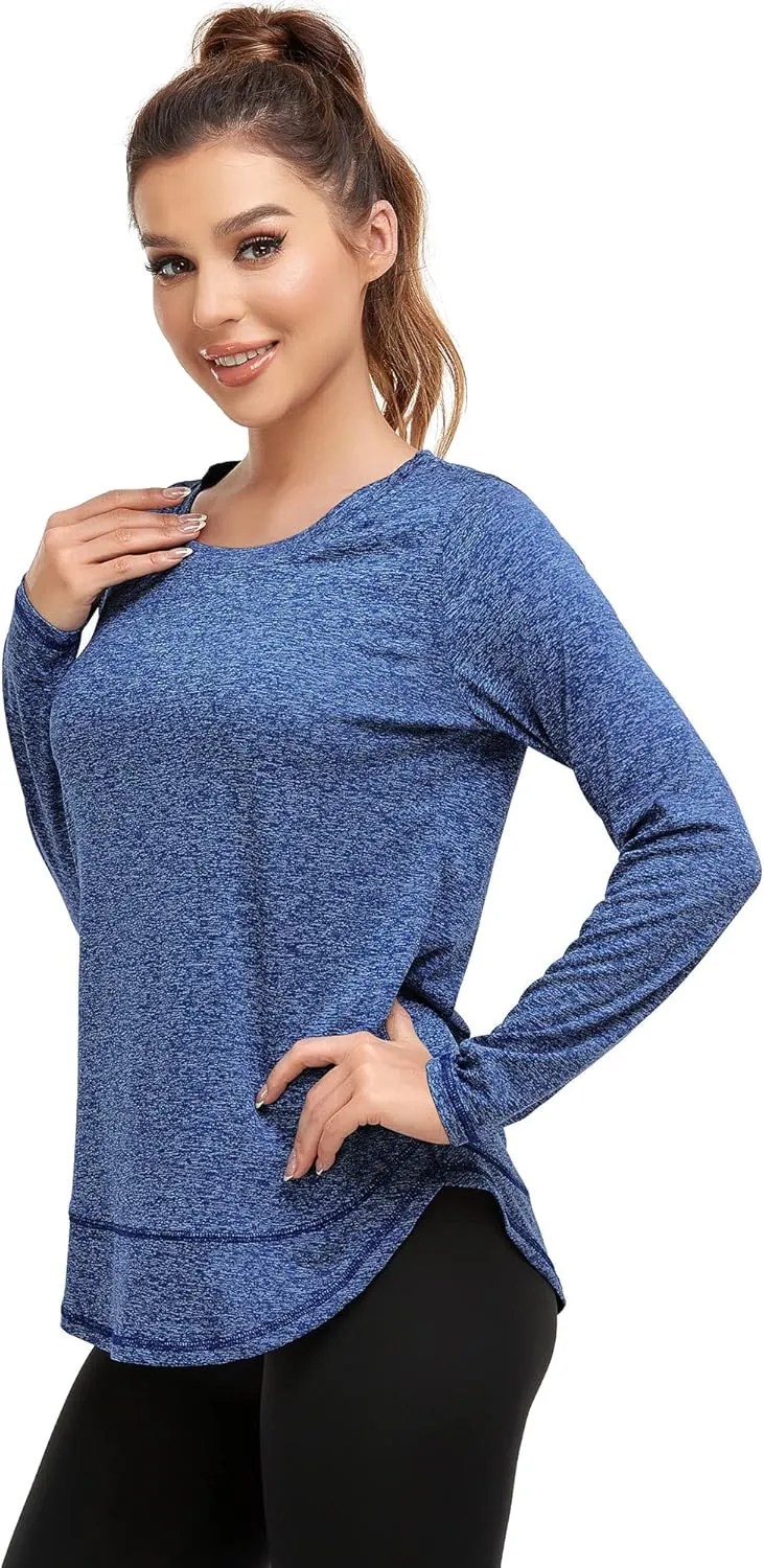 Women's Long Sleeve Workout Shirts Crewneck Sports Yoga Running Dry Fit Tops Side Split Tee