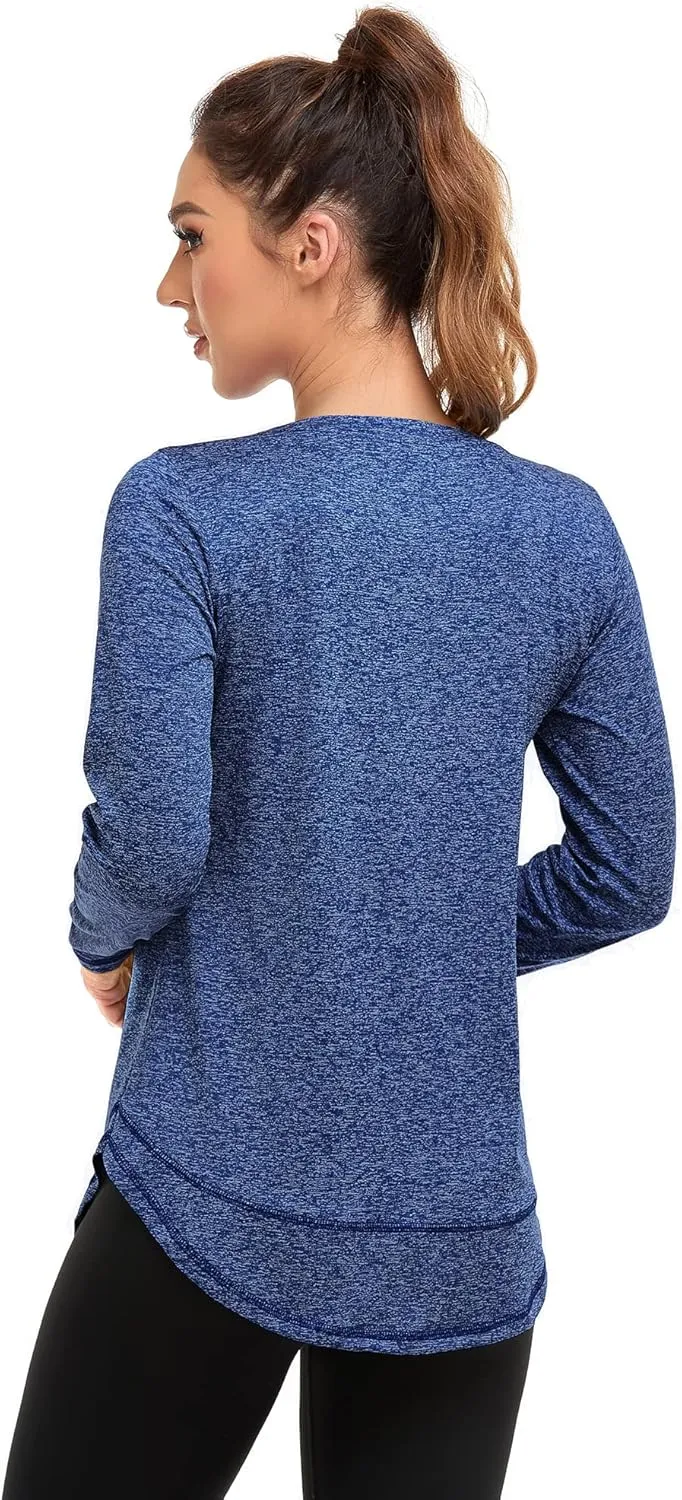 Women's Long Sleeve Workout Shirts Crewneck Sports Yoga Running Dry Fit Tops Side Split Tee