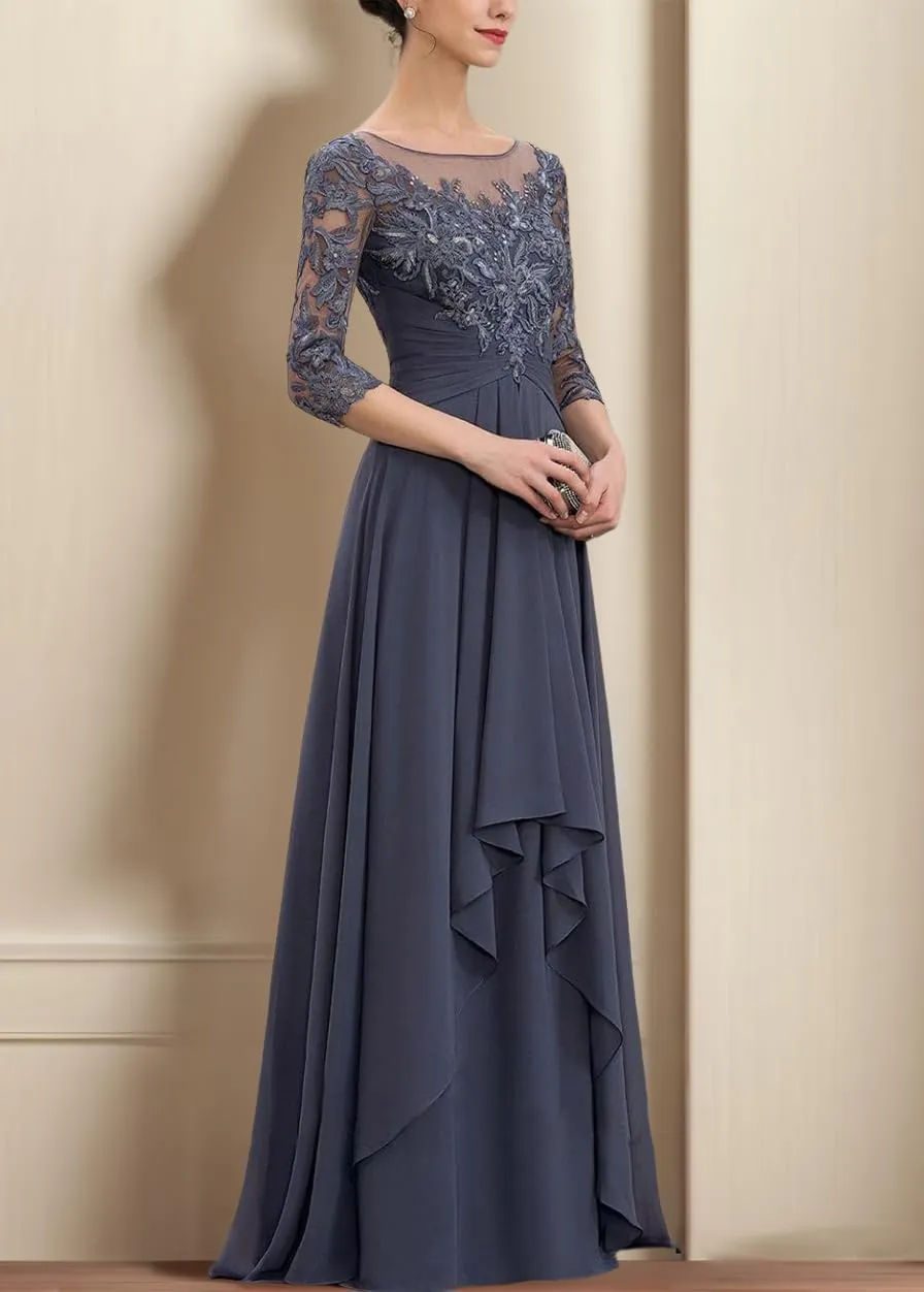Women's Long Sleeves Mother of The Bride Dresses for Wedding Jewel Lace Chiffon A-Line Formal Evening Gowns