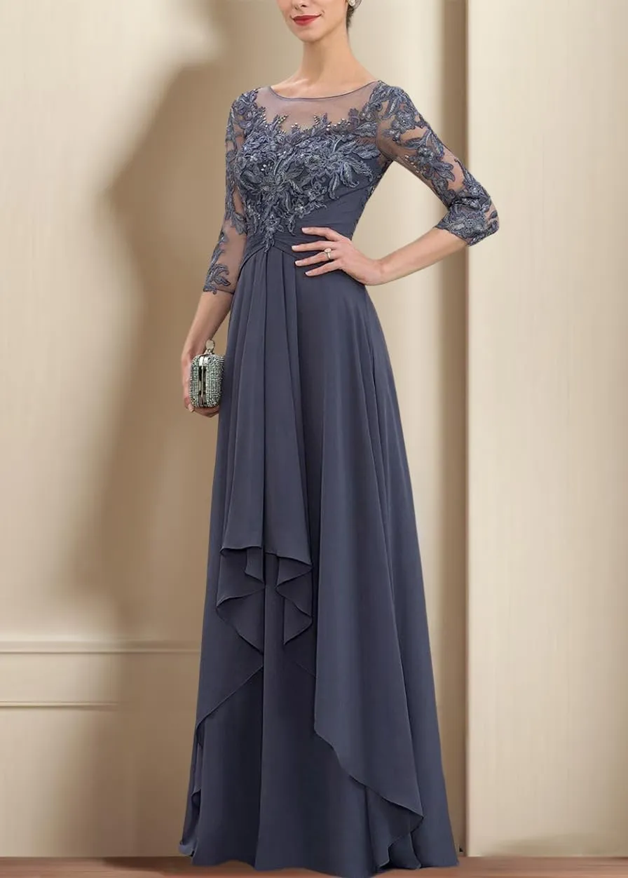 Women's Long Sleeves Mother of The Bride Dresses for Wedding Jewel Lace Chiffon A-Line Formal Evening Gowns