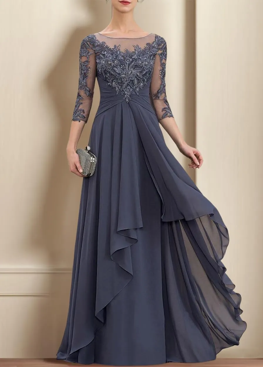 Women's Long Sleeves Mother of The Bride Dresses for Wedding Jewel Lace Chiffon A-Line Formal Evening Gowns
