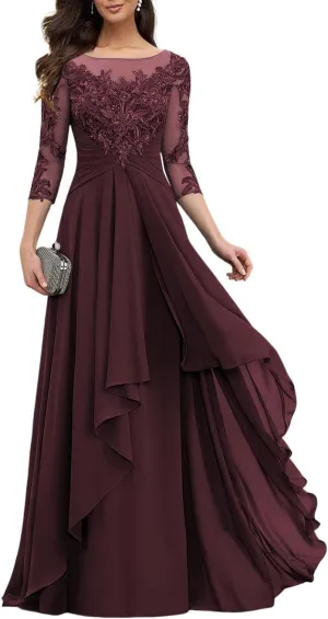 Women's Long Sleeves Mother of The Bride Dresses for Wedding Jewel Lace Chiffon A-Line Formal Evening Gowns