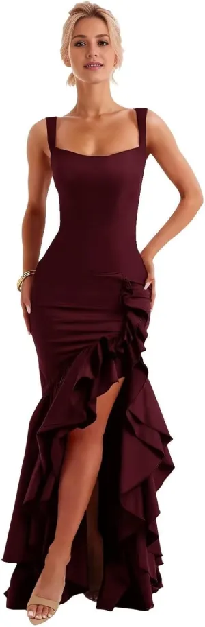 Womens Mermaid Ruffle Prom Dresses 2025 Long Bodycon Flowy Formal Evening Party Gown with Slit