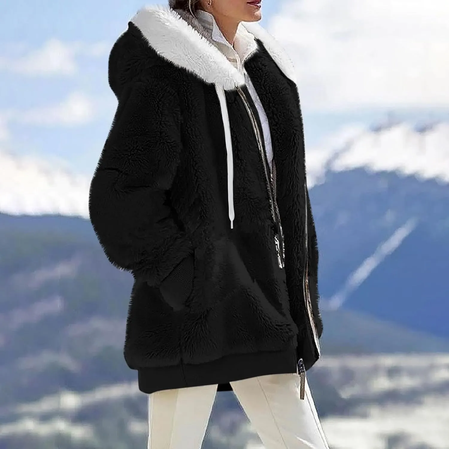 Womens Oversized Fleece Hoodie Sherpa Jacket Full Zip Up Fuzzy Hooded Coats Shaggy Warm Winter Outerwear with Pockets