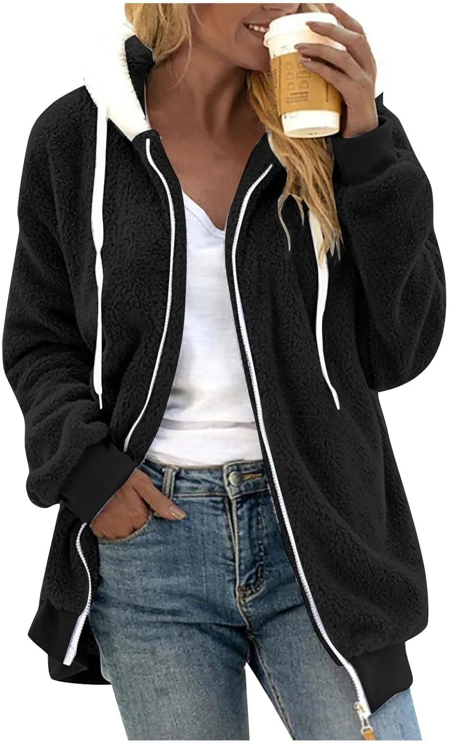 Womens Oversized Fleece Hoodie Sherpa Jacket Full Zip Up Fuzzy Hooded Coats Shaggy Warm Winter Outerwear with Pockets