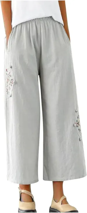 Women's Palazzo Pants Casual Plus Size Linen Wide Leg Pants Baggy Ankle Length Floral Embroidered Pants with Pockets