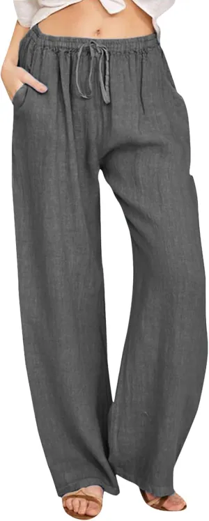 Women's Pants Summer Casual Plus Size Lightweight Straight Leg Drawstring Elastic Waist Loose Comfy Trousers with Pockets