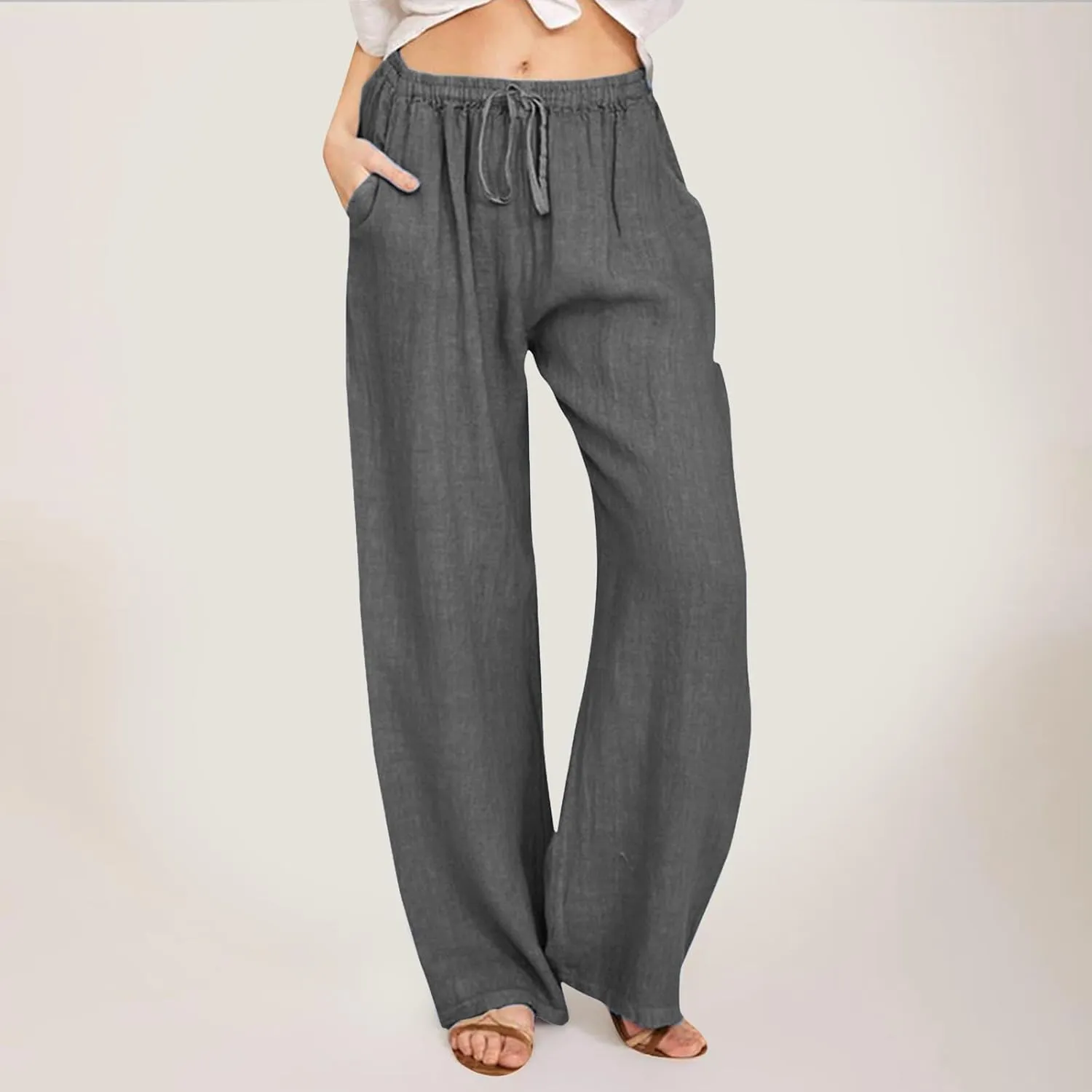 Women's Pants Summer Casual Plus Size Lightweight Straight Leg Drawstring Elastic Waist Loose Comfy Trousers with Pockets