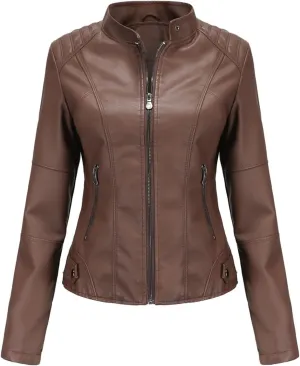 Women's Petite Casual Faux Leather Cropped Jacket Zip up Long Sleeve Moto Biker Coat, Faux Leather Jacket