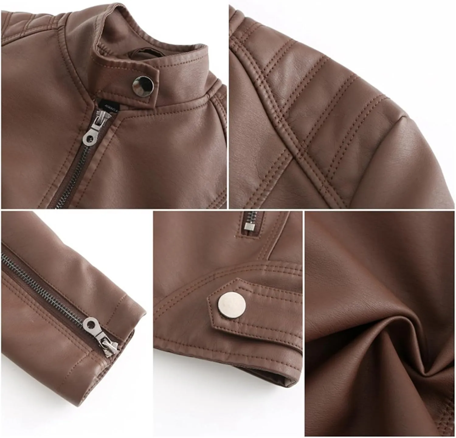 Women's Petite Casual Faux Leather Cropped Jacket Zip up Long Sleeve Moto Biker Coat, Faux Leather Jacket
