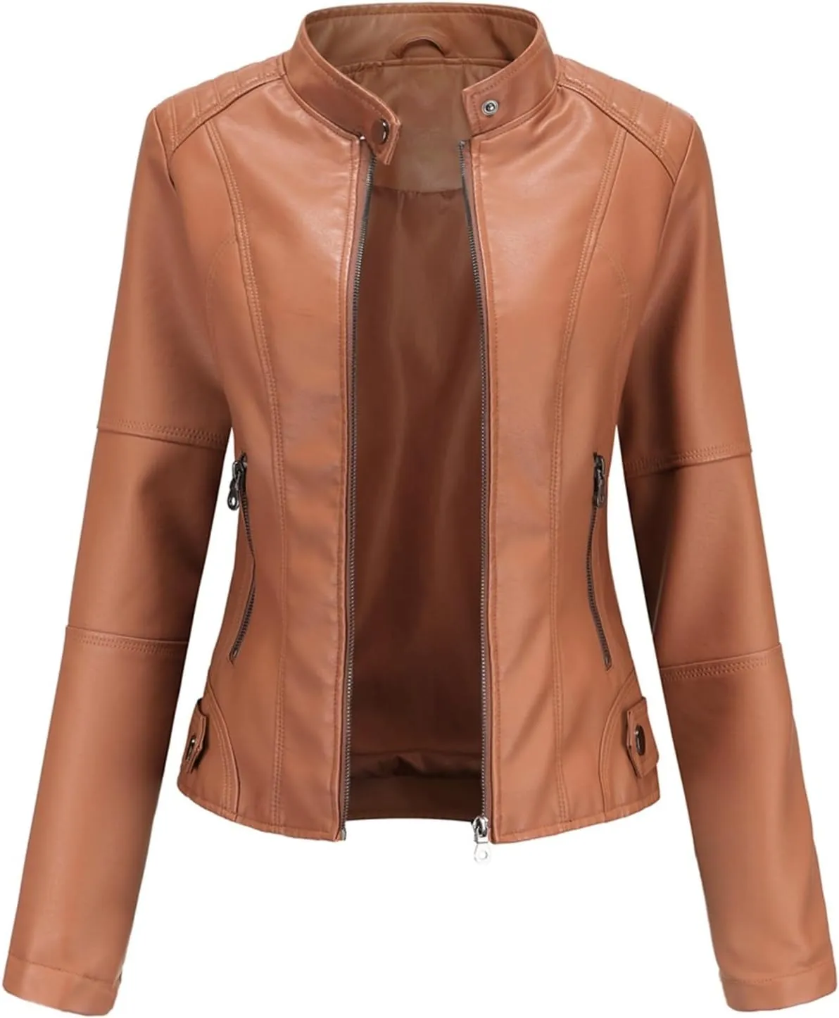 Women's Petite Casual Faux Leather Cropped Jacket Zip up Long Sleeve Moto Biker Coat, Faux Leather Jacket