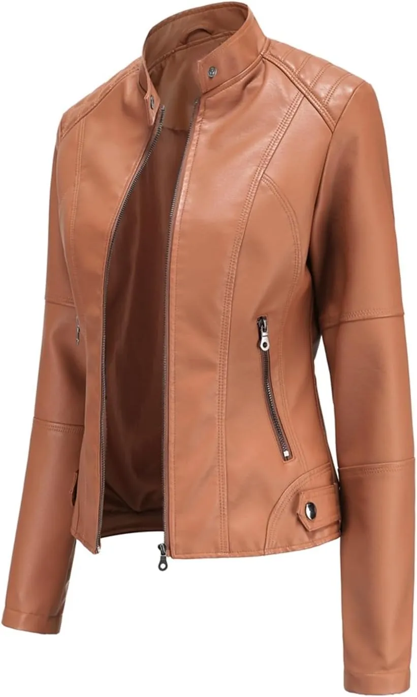 Women's Petite Casual Faux Leather Cropped Jacket Zip up Long Sleeve Moto Biker Coat, Faux Leather Jacket