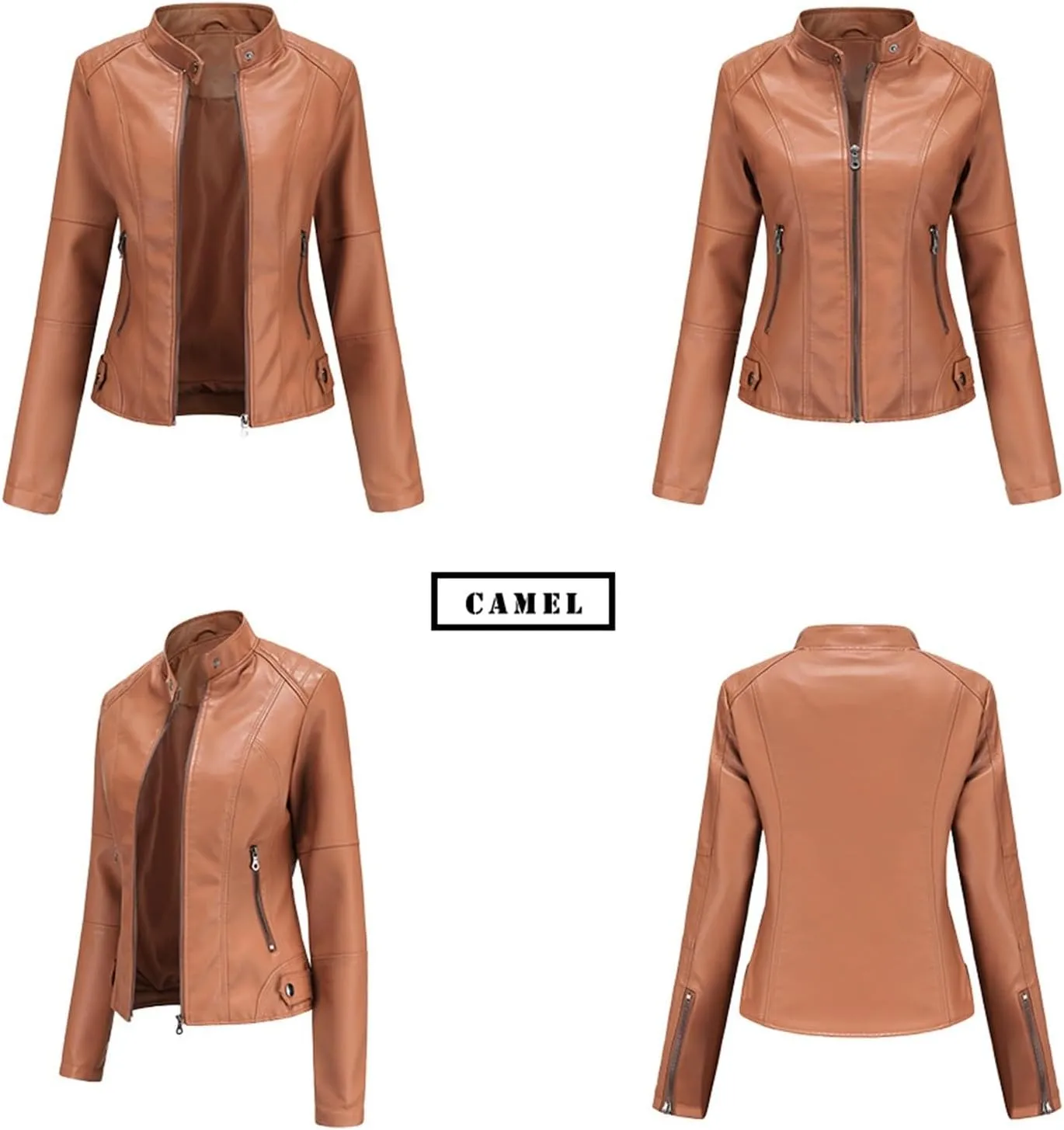Women's Petite Casual Faux Leather Cropped Jacket Zip up Long Sleeve Moto Biker Coat, Faux Leather Jacket