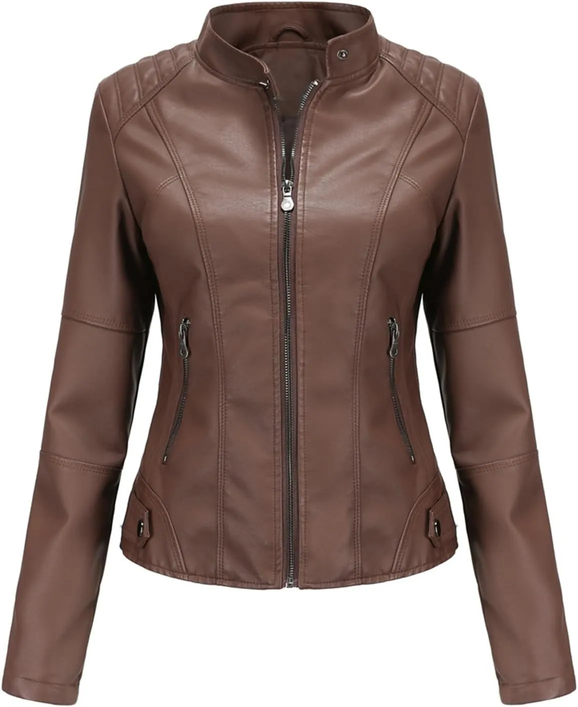 Women's Petite Casual Faux Leather Cropped Jacket Zip up Long Sleeve Moto Biker Coat, Faux Leather Jacket