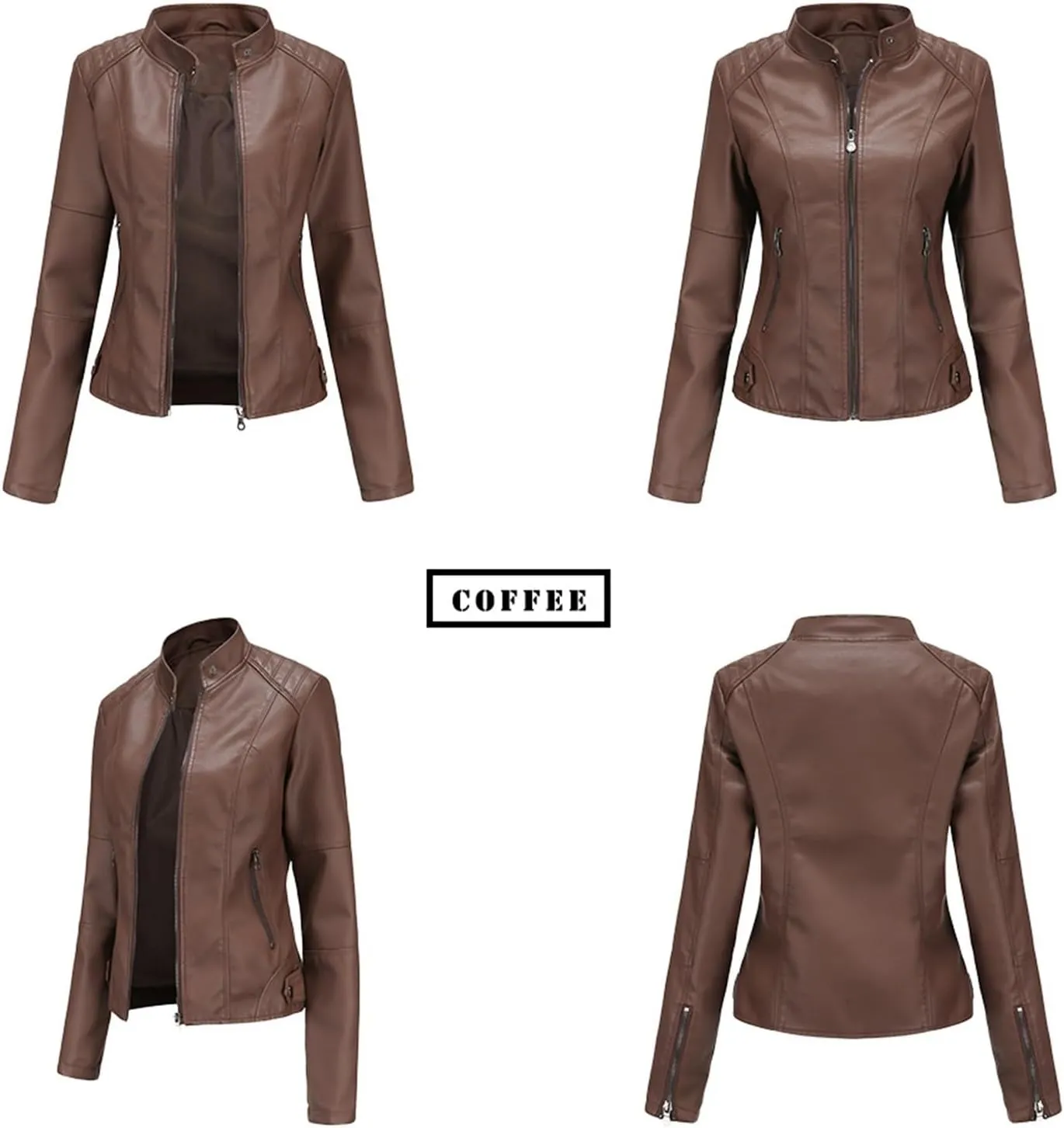 Women's Petite Casual Faux Leather Cropped Jacket Zip up Long Sleeve Moto Biker Coat, Faux Leather Jacket