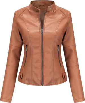 Women's Petite Casual Faux Leather Cropped Jacket Zip up Long Sleeve Moto Biker Coat, Faux Leather Jacket