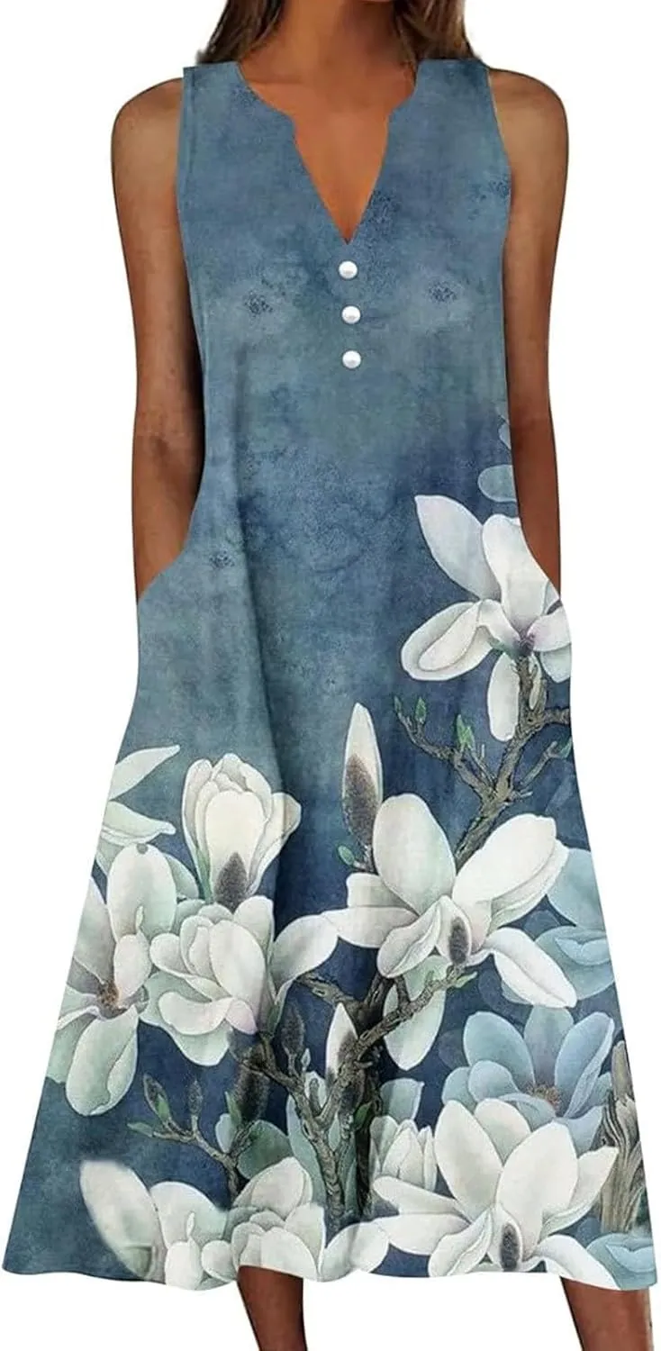 Womens Plus Size Boho Floral V Neck Midi Dresses Summer Casual Loose Long Dress with Pockets Flowy Beach Swing Dress