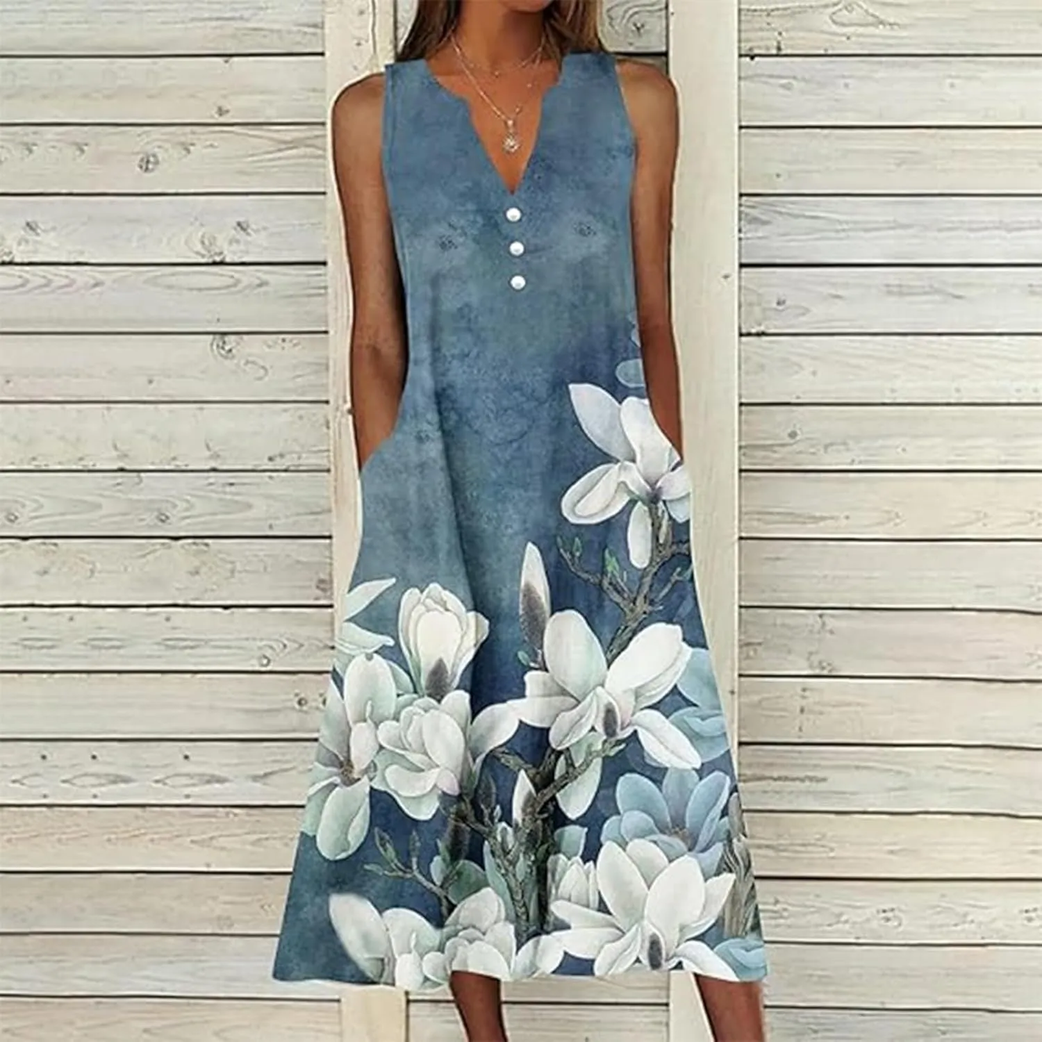 Womens Plus Size Boho Floral V Neck Midi Dresses Summer Casual Loose Long Dress with Pockets Flowy Beach Swing Dress