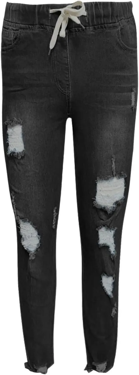 Womens Plus Size Slim Jeans Trendy Ripped Hole Hip Hop Y2K Denim Pants Stretchy High Waist Drawstring Casual Trousers