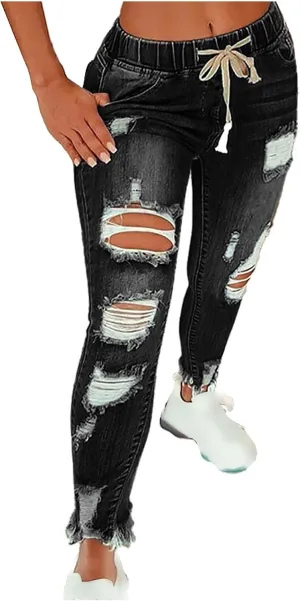 Womens Plus Size Slim Jeans Trendy Ripped Hole Hip Hop Y2K Denim Pants Stretchy High Waist Drawstring Casual Trousers