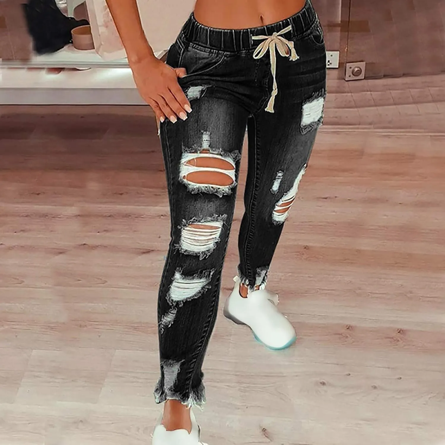 Womens Plus Size Slim Jeans Trendy Ripped Hole Hip Hop Y2K Denim Pants Stretchy High Waist Drawstring Casual Trousers