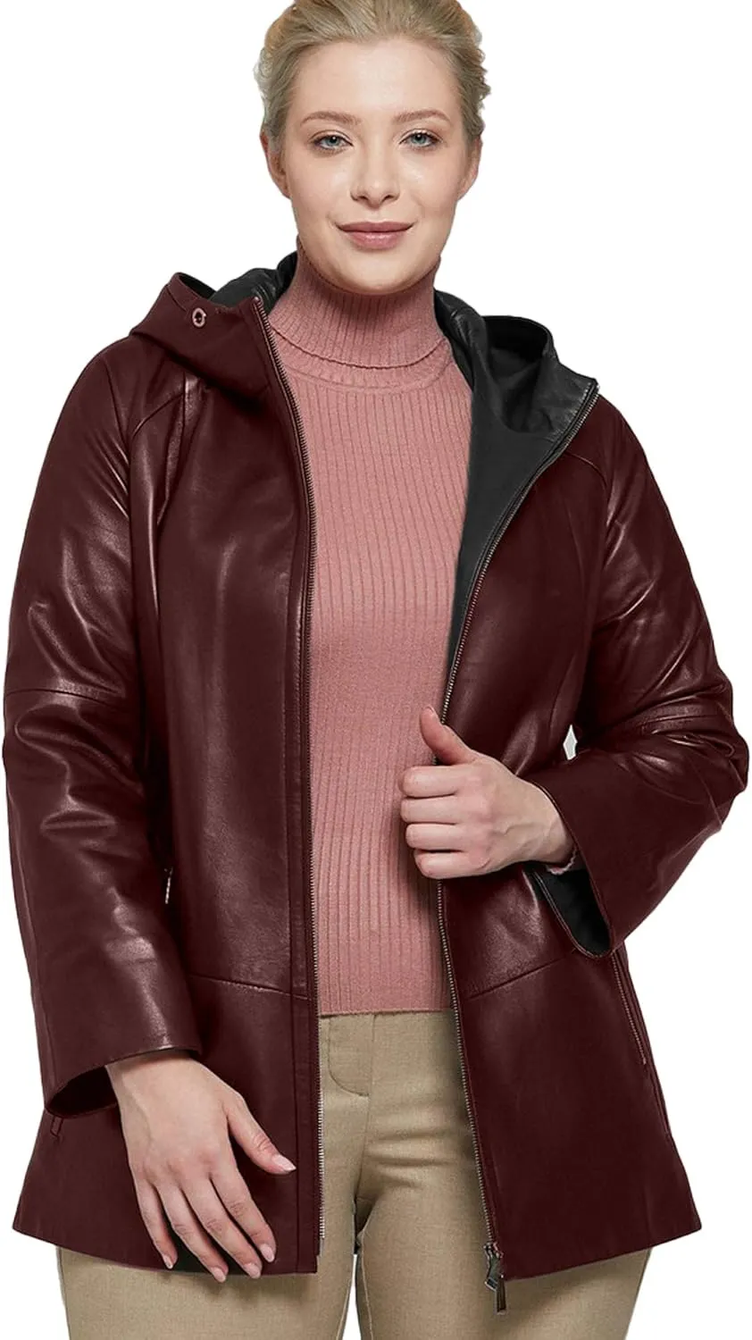 Womens Plus Size Soft Leather Jacket With Hoodie  Many Colors Real Sheepskin Hooded Leather Jacket