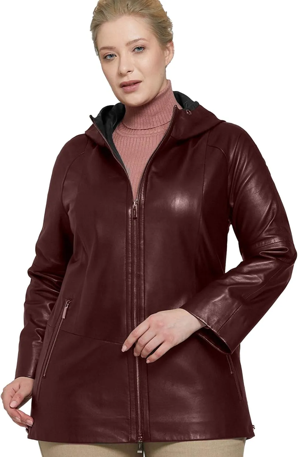 Womens Plus Size Soft Leather Jacket With Hoodie  Many Colors Real Sheepskin Hooded Leather Jacket