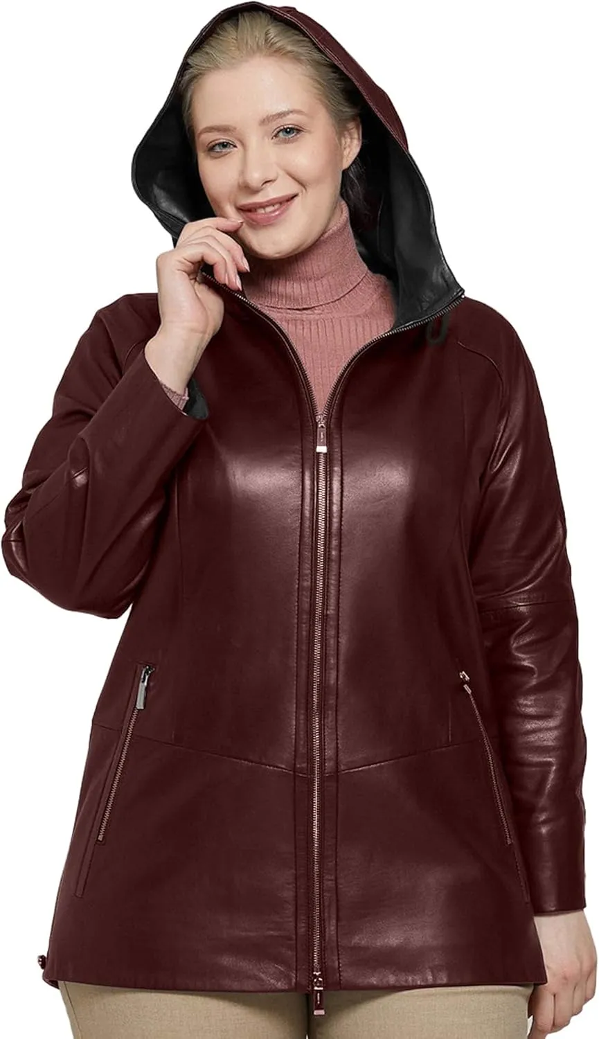Womens Plus Size Soft Leather Jacket With Hoodie  Many Colors Real Sheepskin Hooded Leather Jacket