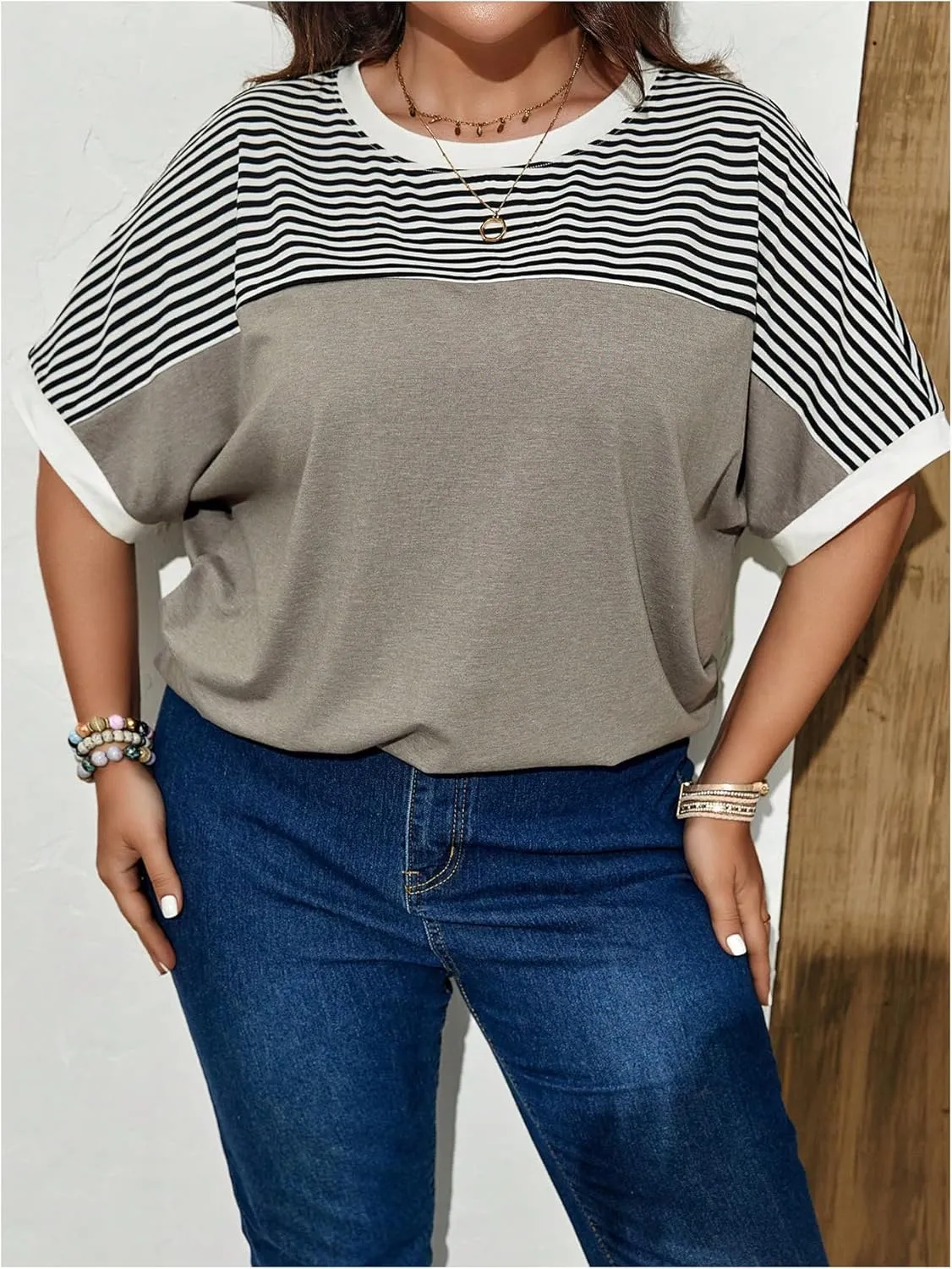 Women's Plus Size Tops Short Sleeve Striped Print T Shirt Loose Fit Round Neck Tee Top