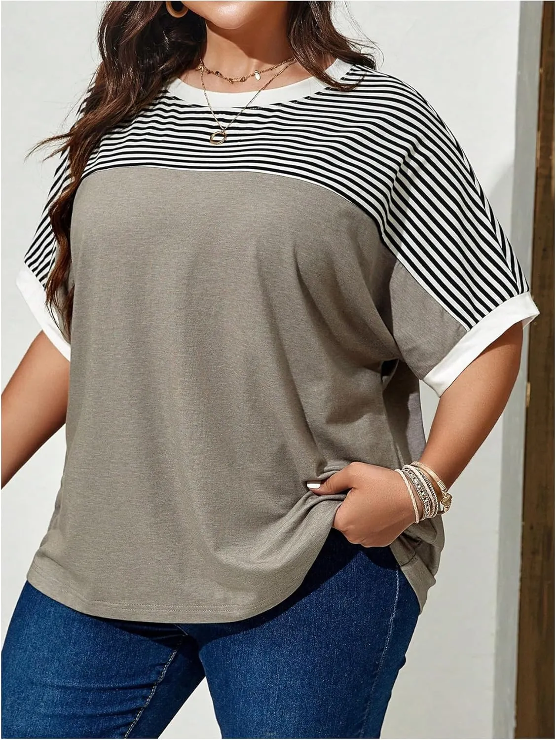 Women's Plus Size Tops Short Sleeve Striped Print T Shirt Loose Fit Round Neck Tee Top
