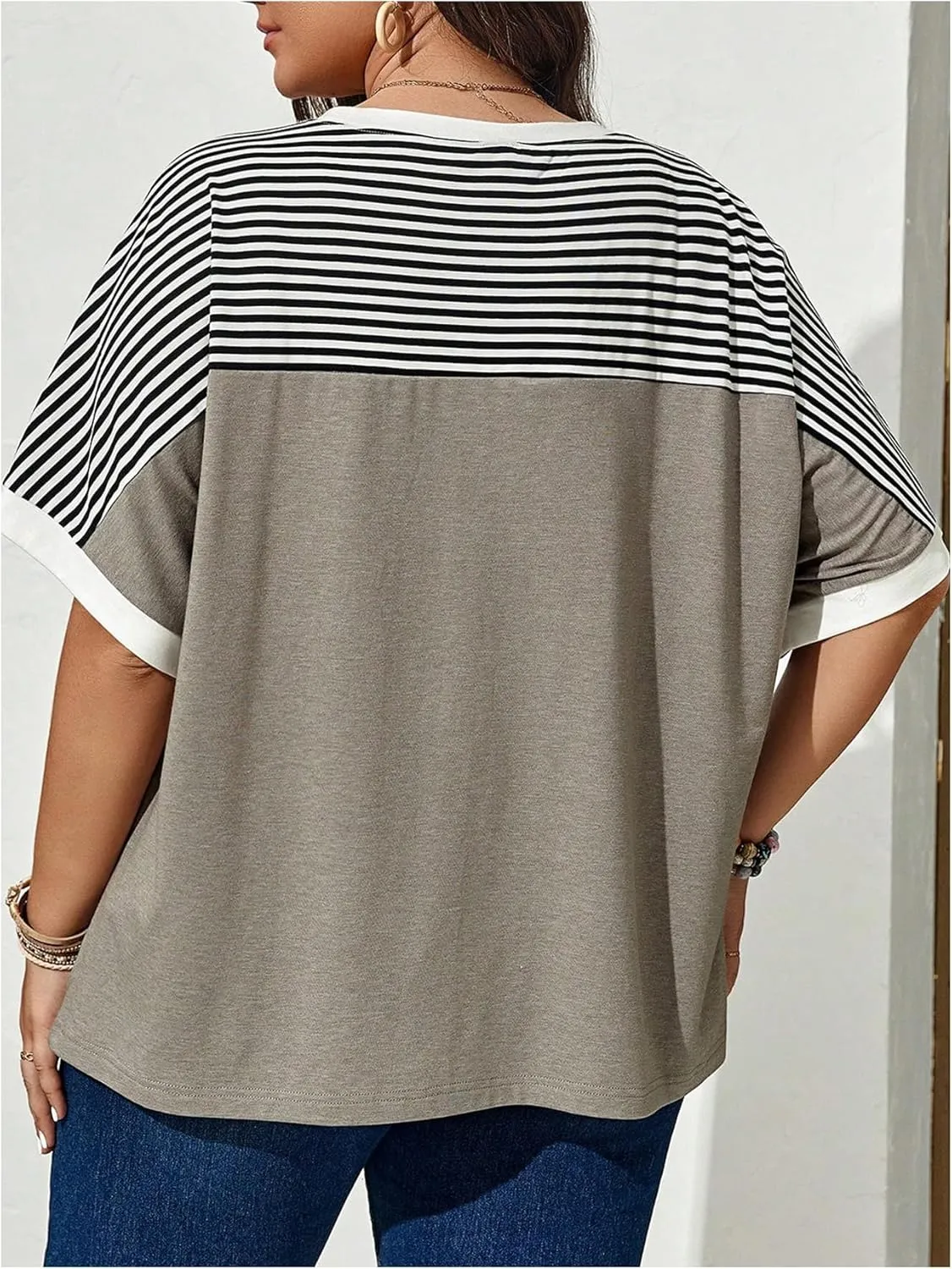 Women's Plus Size Tops Short Sleeve Striped Print T Shirt Loose Fit Round Neck Tee Top