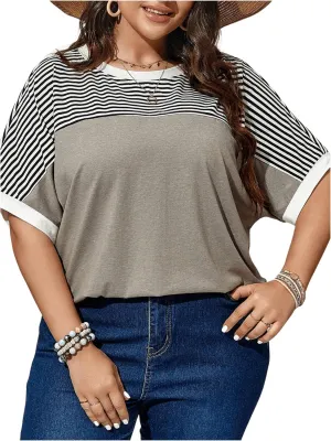 Women's Plus Size Tops Short Sleeve Striped Print T Shirt Loose Fit Round Neck Tee Top