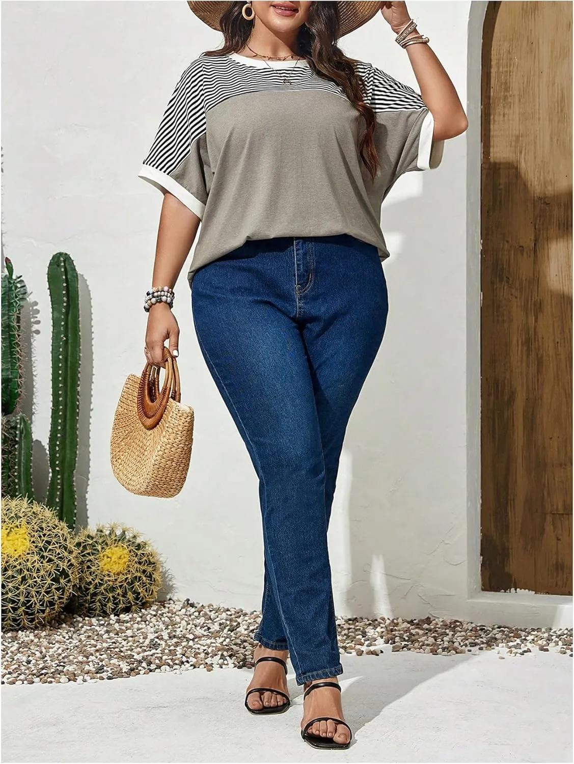 Women's Plus Size Tops Short Sleeve Striped Print T Shirt Loose Fit Round Neck Tee Top