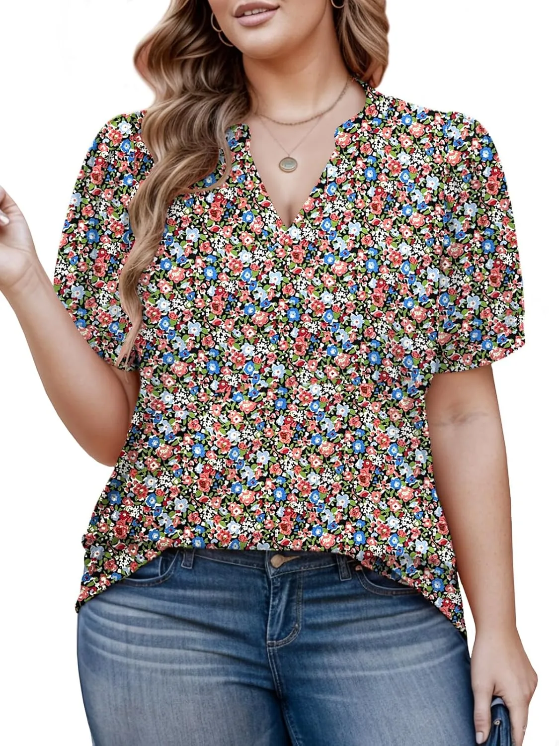 Womens Plus Size Tops Summer Puff Sleeve Shirts Casual Pleated Notched V Neck Tunics Tee XL-5XL