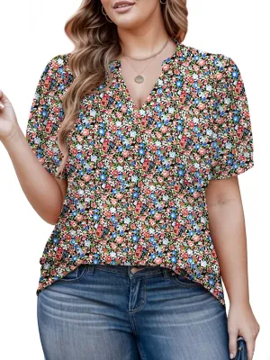 Womens Plus Size Tops Summer Puff Sleeve Shirts Casual Pleated Notched V Neck Tunics Tee XL-5XL