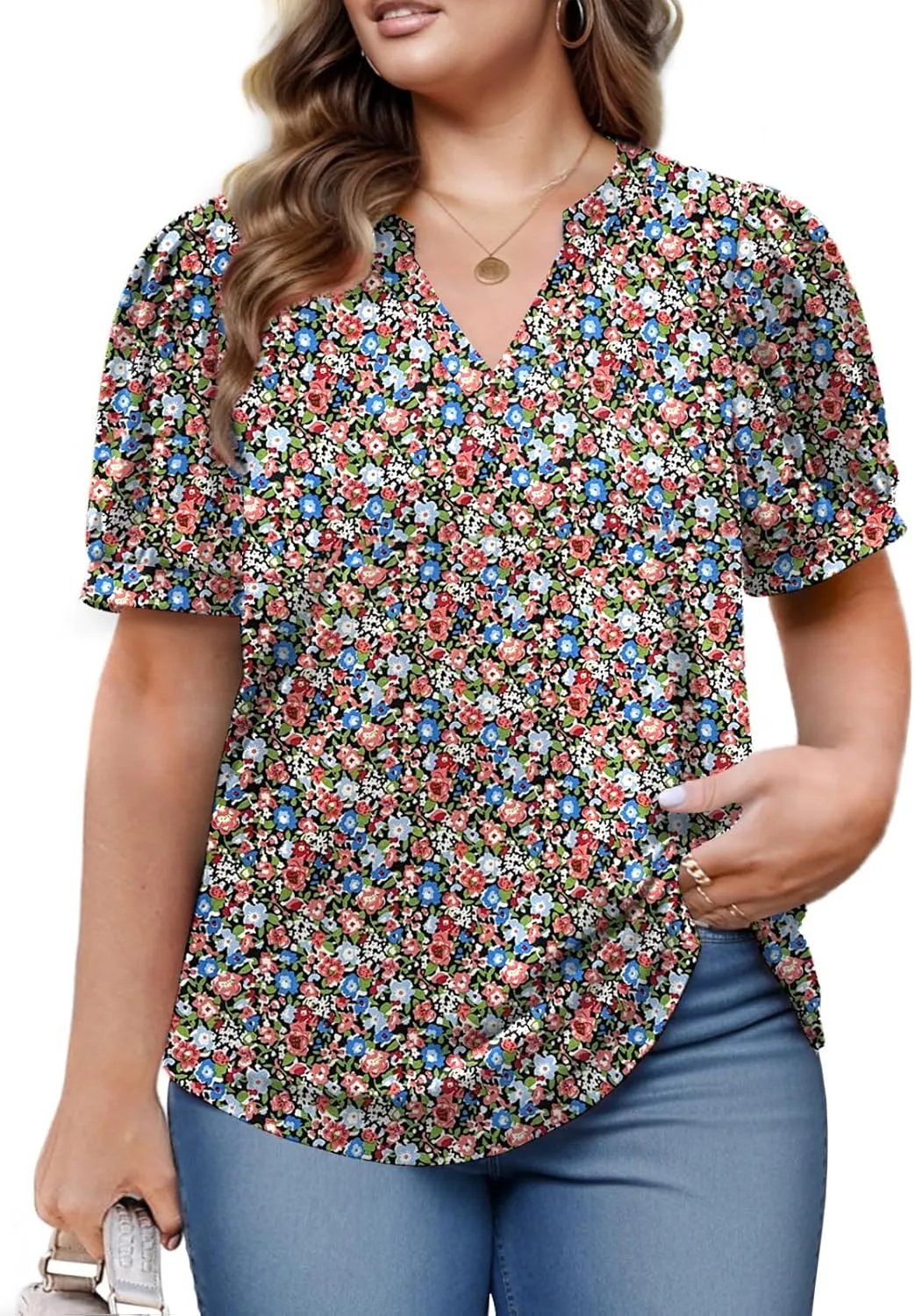 Womens Plus Size Tops Summer Puff Sleeve Shirts Casual Pleated Notched V Neck Tunics Tee XL-5XL