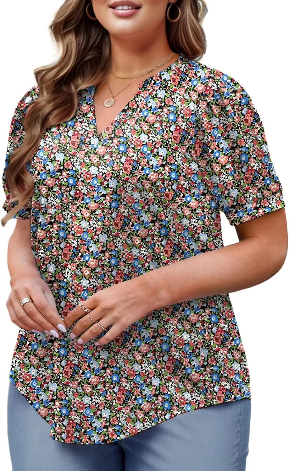 Womens Plus Size Tops Summer Puff Sleeve Shirts Casual Pleated Notched V Neck Tunics Tee XL-5XL