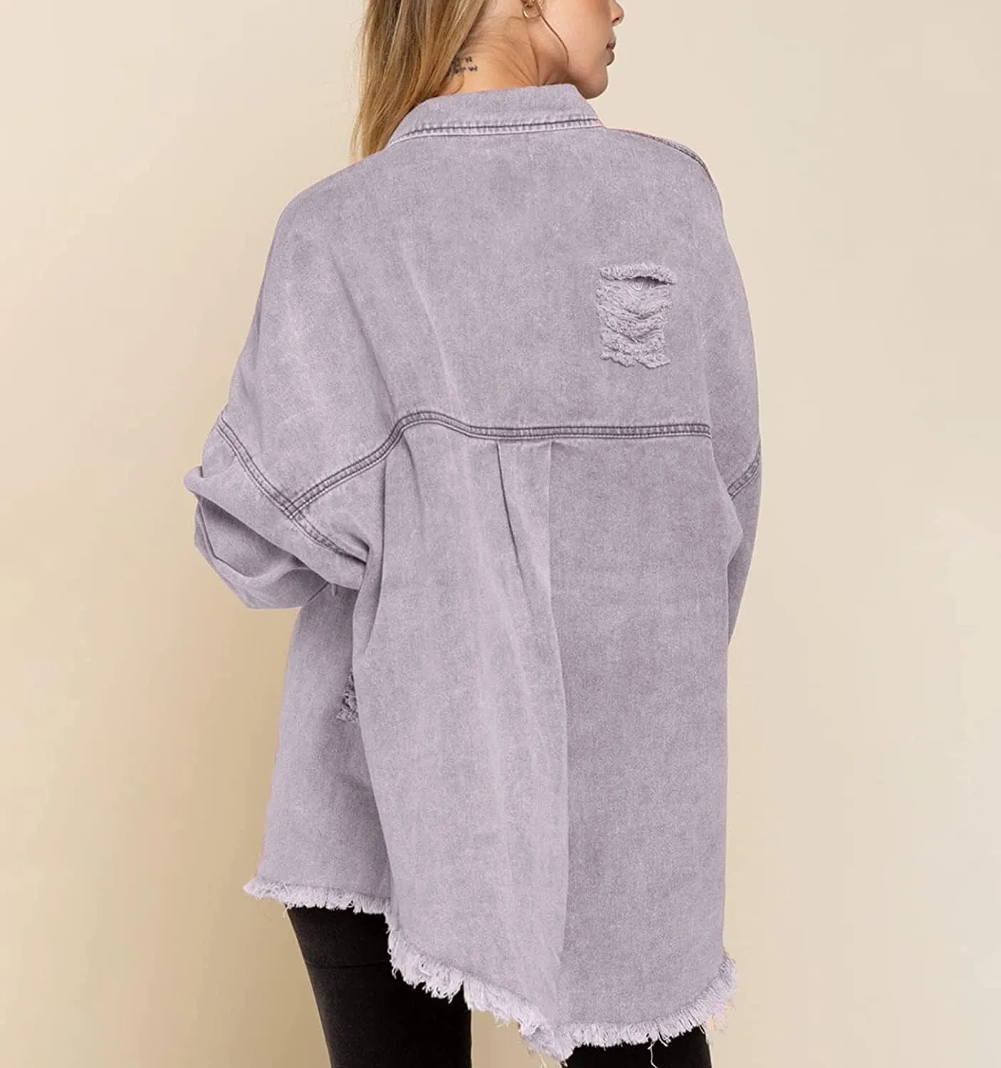 Women's Ripped Distressed Jean Jacket Vintage Oversized Frayed Washed Denim Jacket Boyfriend Western Shacket Coat