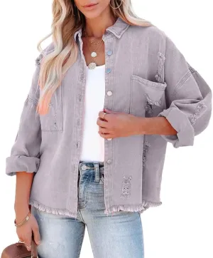 Women's Ripped Distressed Jean Jacket Vintage Oversized Frayed Washed Denim Jacket Boyfriend Western Shacket Coat