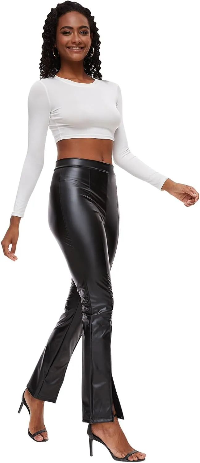 Womens Sexy Faux Leather High Waist Split Hem Flare Leg Pants Trousers