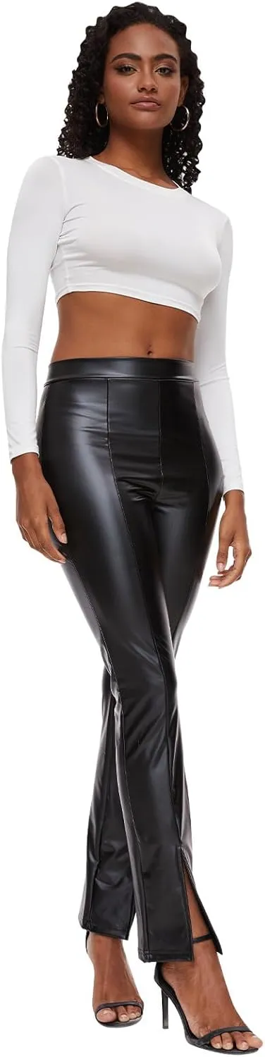 Womens Sexy Faux Leather High Waist Split Hem Flare Leg Pants Trousers