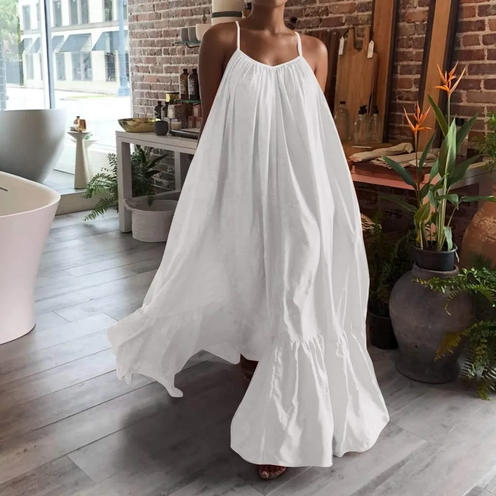 Womens Sexy Spaghetti Strap Sleeveless Ruched Ruffle Hem Bandage Oversized Summer Beach Loose Long Maxi Swing Dress