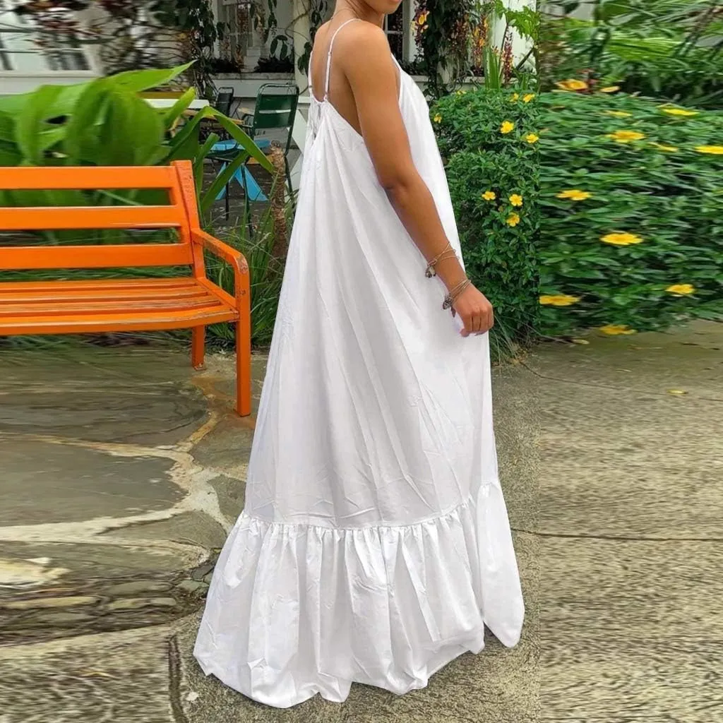 Womens Sexy Spaghetti Strap Sleeveless Ruched Ruffle Hem Bandage Oversized Summer Beach Loose Long Maxi Swing Dress