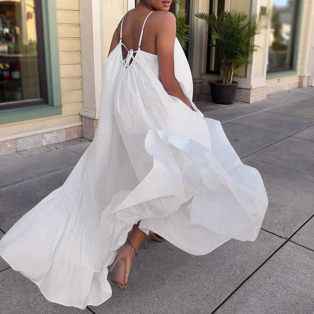 Womens Sexy Spaghetti Strap Sleeveless Ruched Ruffle Hem Bandage Oversized Summer Beach Loose Long Maxi Swing Dress