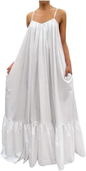 Womens Sexy Spaghetti Strap Sleeveless Ruched Ruffle Hem Bandage Oversized Summer Beach Loose Long Maxi Swing Dress