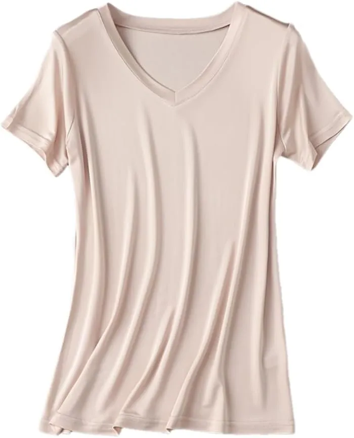 Womens Silk T Shirt Short Sleeve V-Neck Top Undershirt Breathable Mulberry Silk Tee Basic Tops